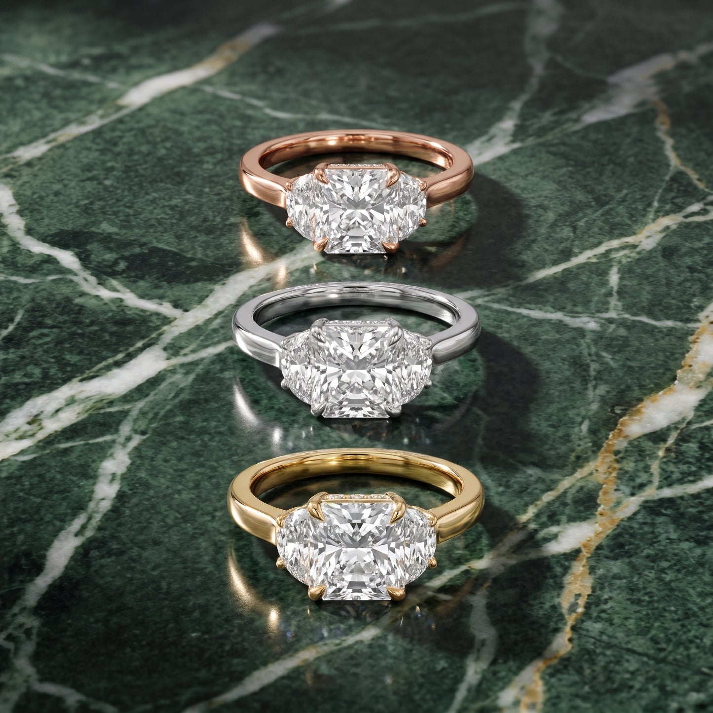 Romy Three-Stone Radiant Diamond Engagement Ring in Rose Gold - 3rings.jpg