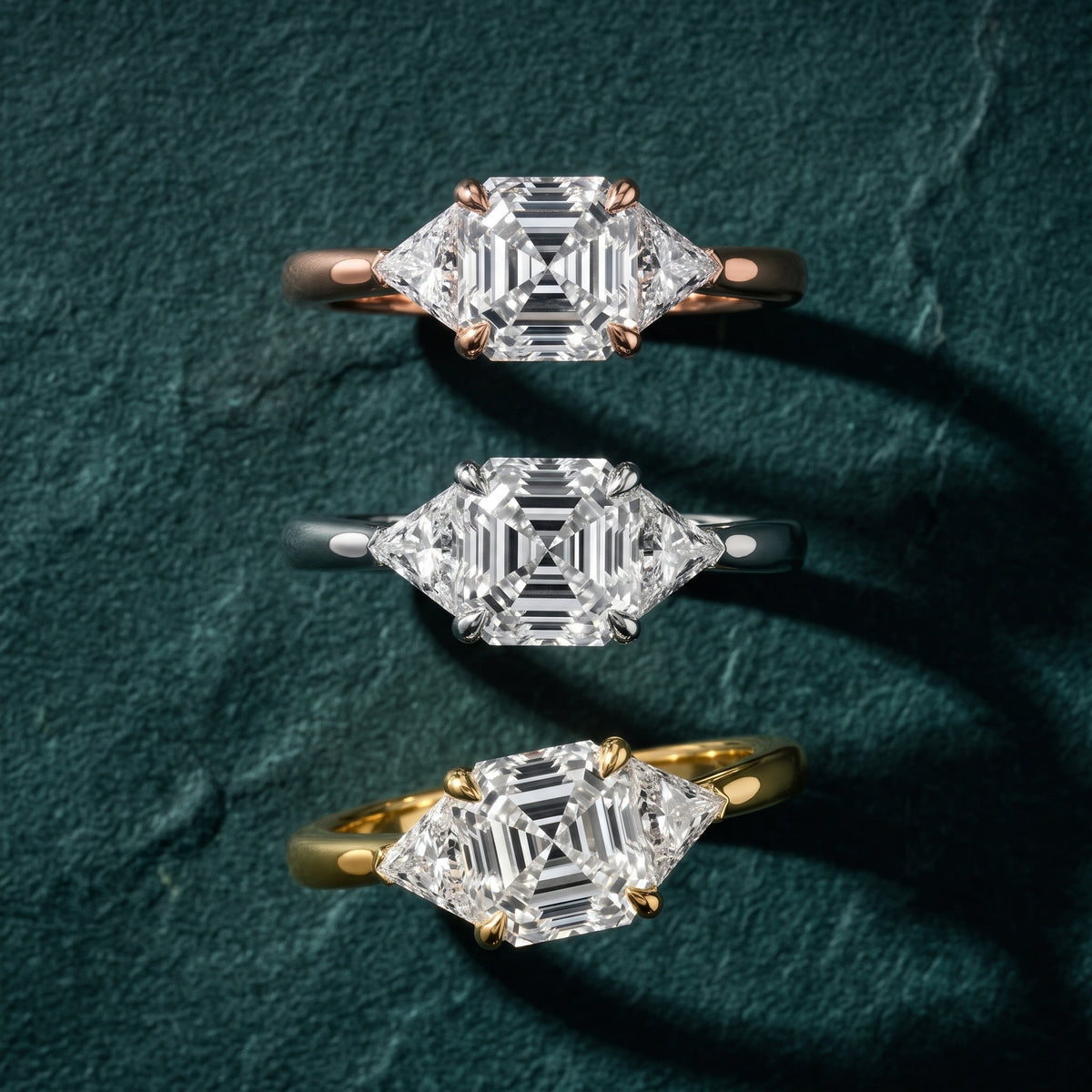 Clemency Three-Stone Cathedral Asscher Diamond Engagement Ring in Rose Gold - 3rings.jpg