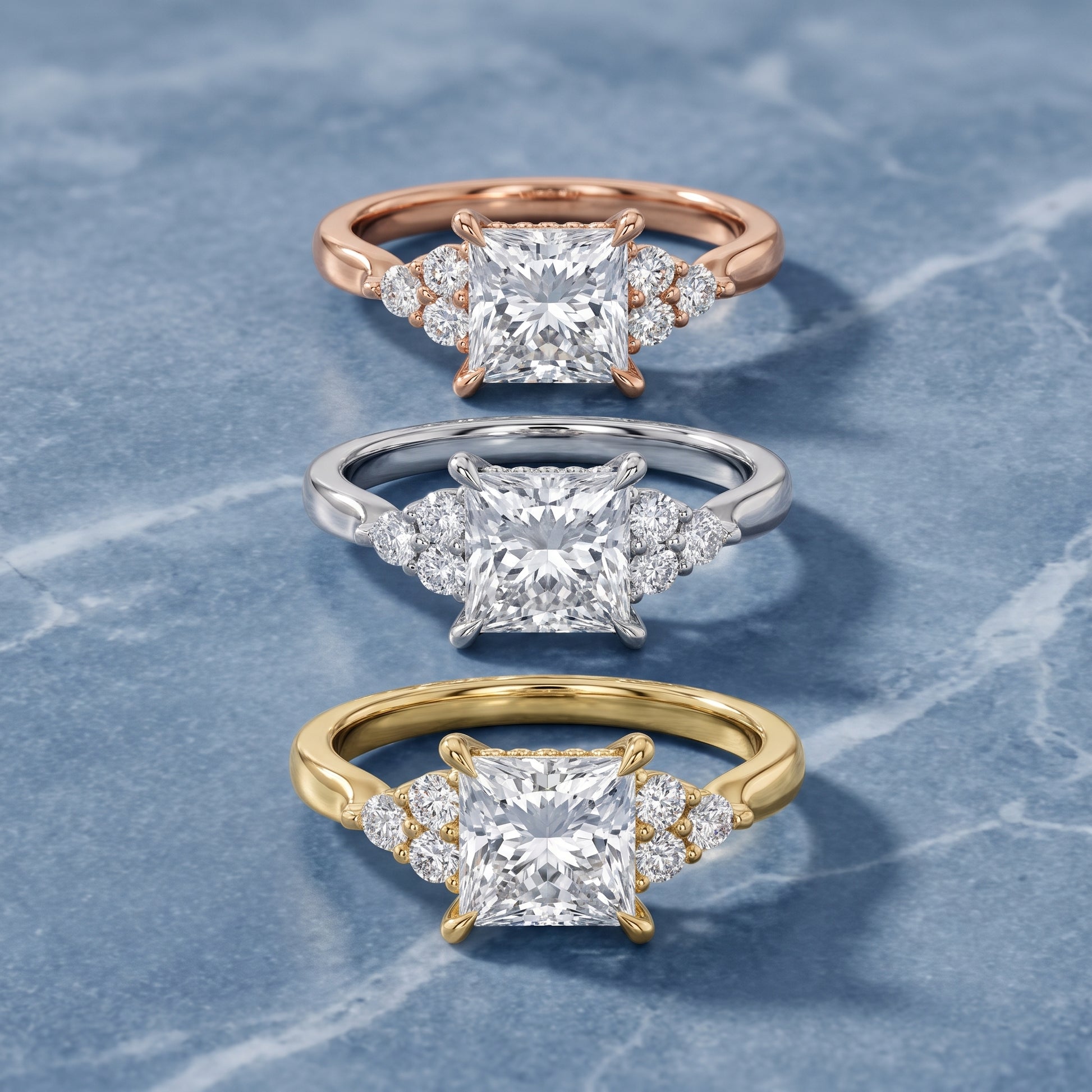 Anya Sidestone Cluster Princess Diamond Ring in Yellow Gold - 3rings.jpg