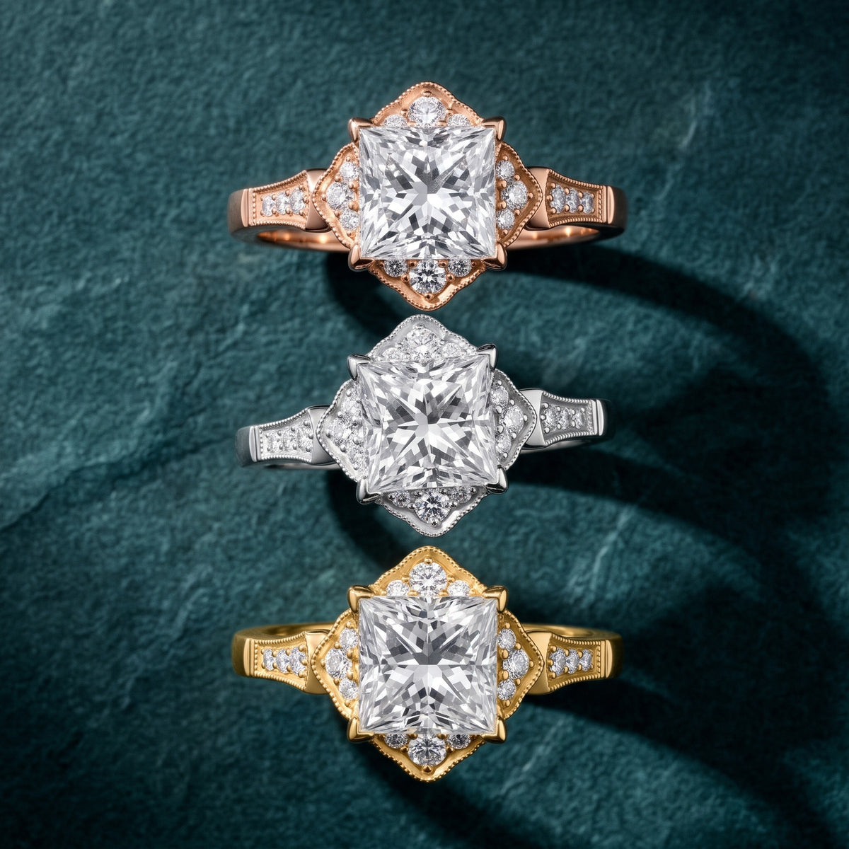 Esther Milgrain Halo Princess Diamond Engagement Ring in White Gold - 3rings.jpg