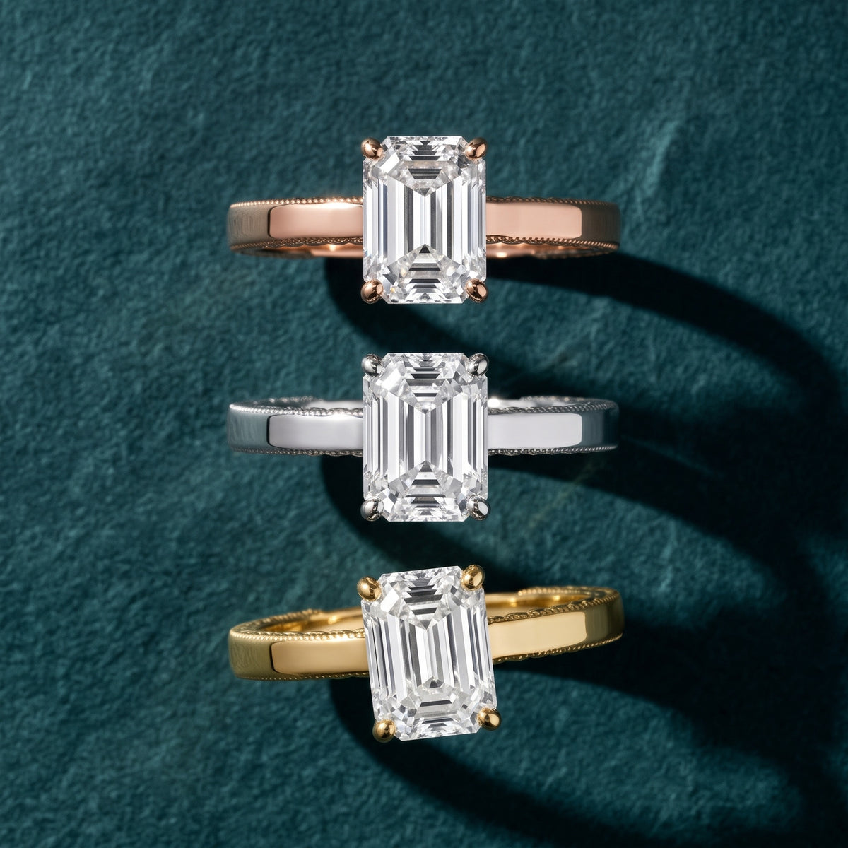 Kerry Engraved Solitaire Emerald Diamond Engagement Ring in White Gold - 3rings.jpg