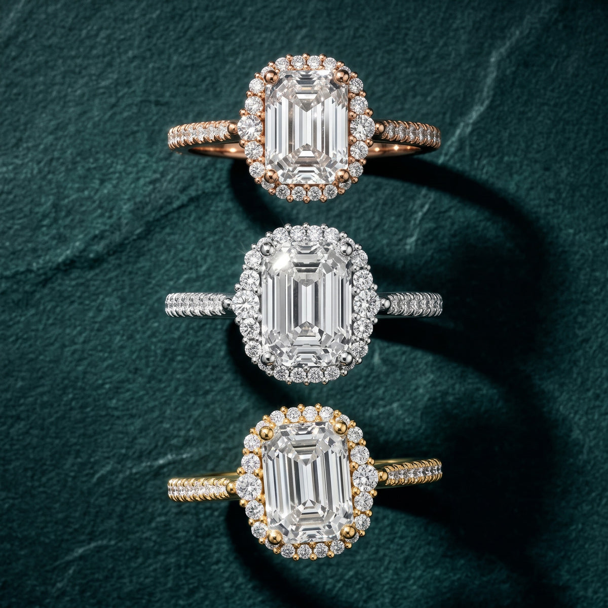 Melody Halo Cathedral Emerald Diamond Engagement Ring in Silver - 3rings.jpg