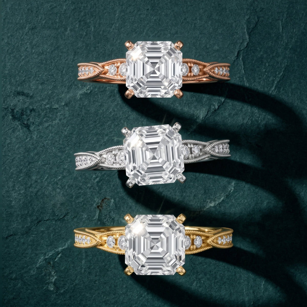 Lucette Scalloped Milgrain Asscher Diamond Engagement Ring in Rose Gold - 3rings.jpg