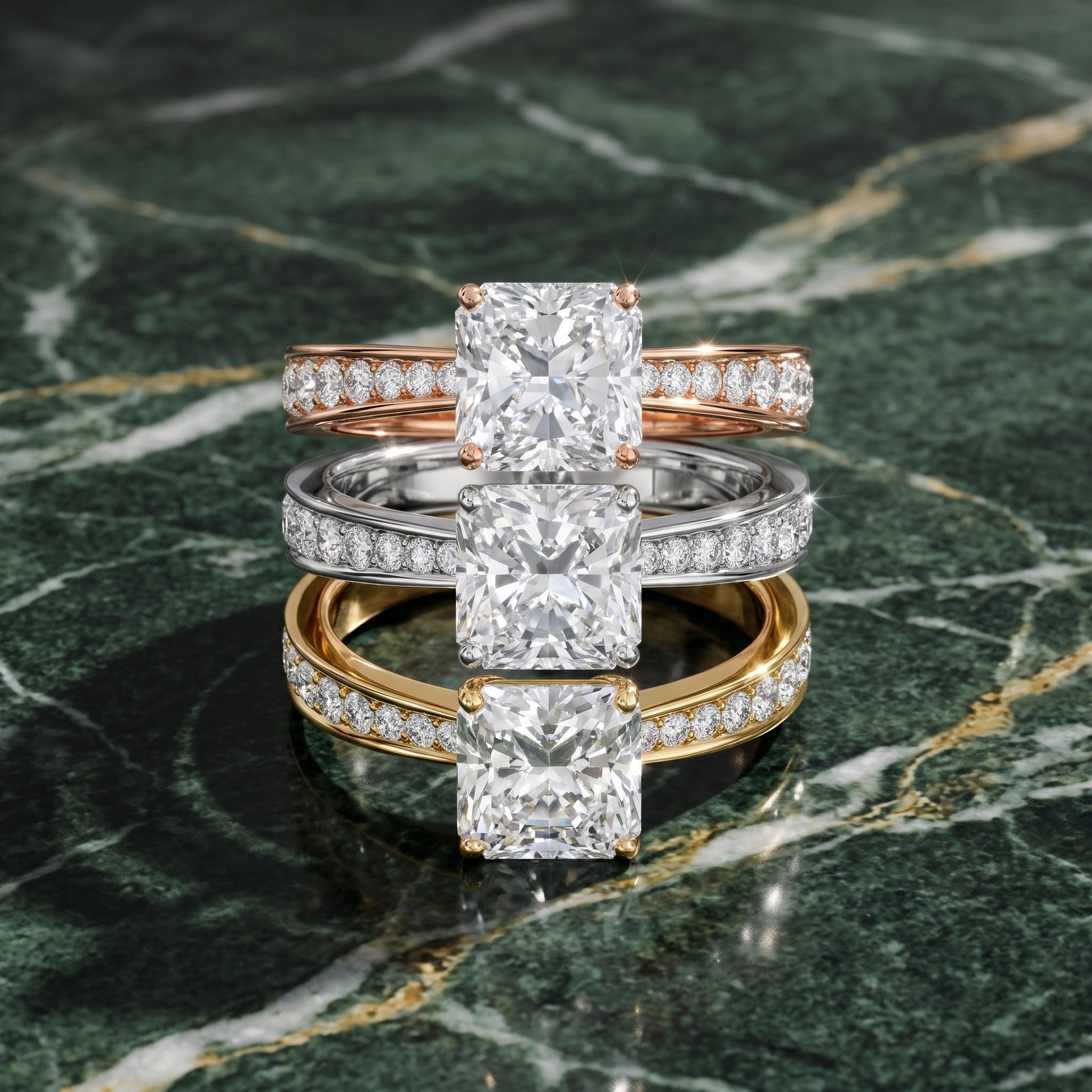 Rhea Sidestone Pavé Radiant Diamond Engagement Ring in Rose Gold - 3rings.jpg