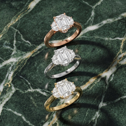 Romy Three-Stone Emerald Diamond Engagement Ring in Yellow Gold - 3rings.jpg