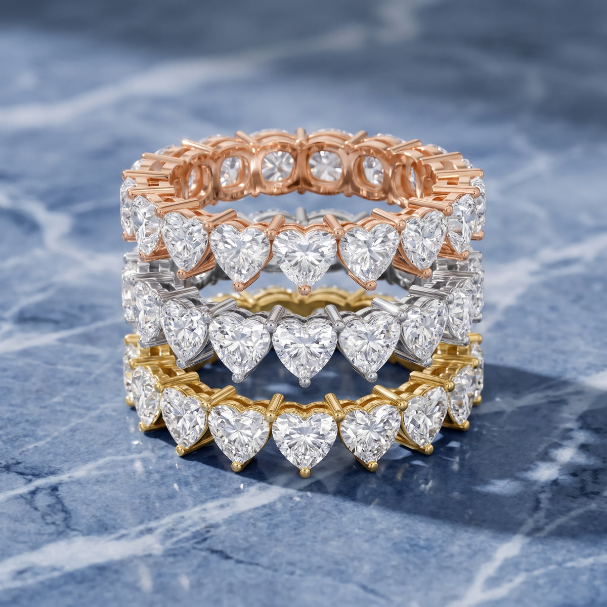 Tova Shared Prong Heart & Cushion Diamond Eternity Band in Yellow Gold - 3rings.jpg
