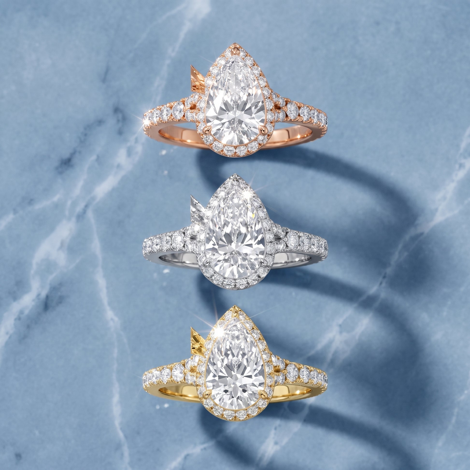 Bella Halo Pavé Pear Diamond Engagement Ring in Yellow Gold - 3rings.jpg