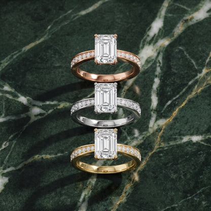 Rhea Sidestone Pavé Emerald Diamond Engagement Ring in Platinum - 3rings.jpg