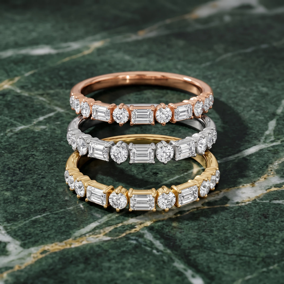 Rebecca Four Prong Emerald & Round Diamond Half Eternity Band in Rose Gold - 3rings.jpg