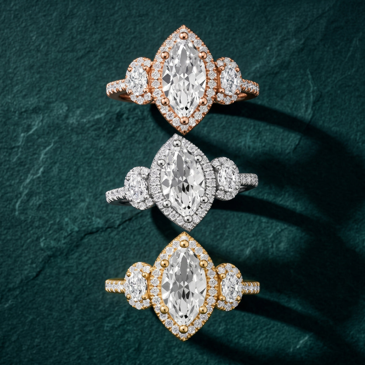 Austin Three-Stone Halo Marquise Diamond Engagement Ring in White Gold - 3rings.jpg