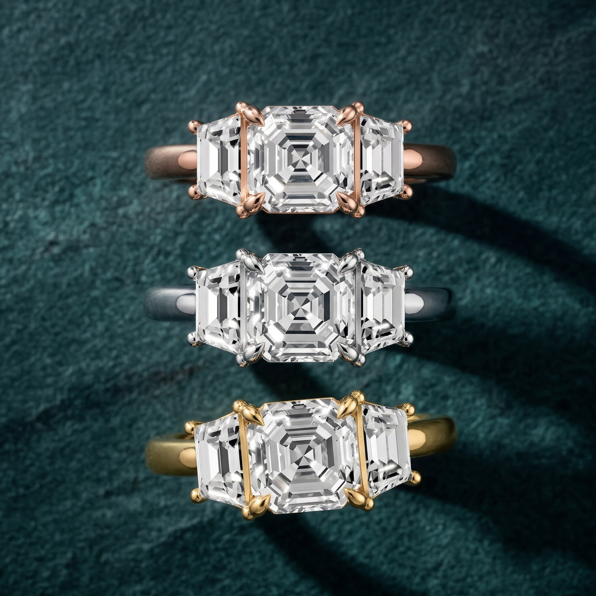Filippa Trapezoid Three-Stone Asscher Diamond Engagement Ring in Rose Gold - 3rings.jpg