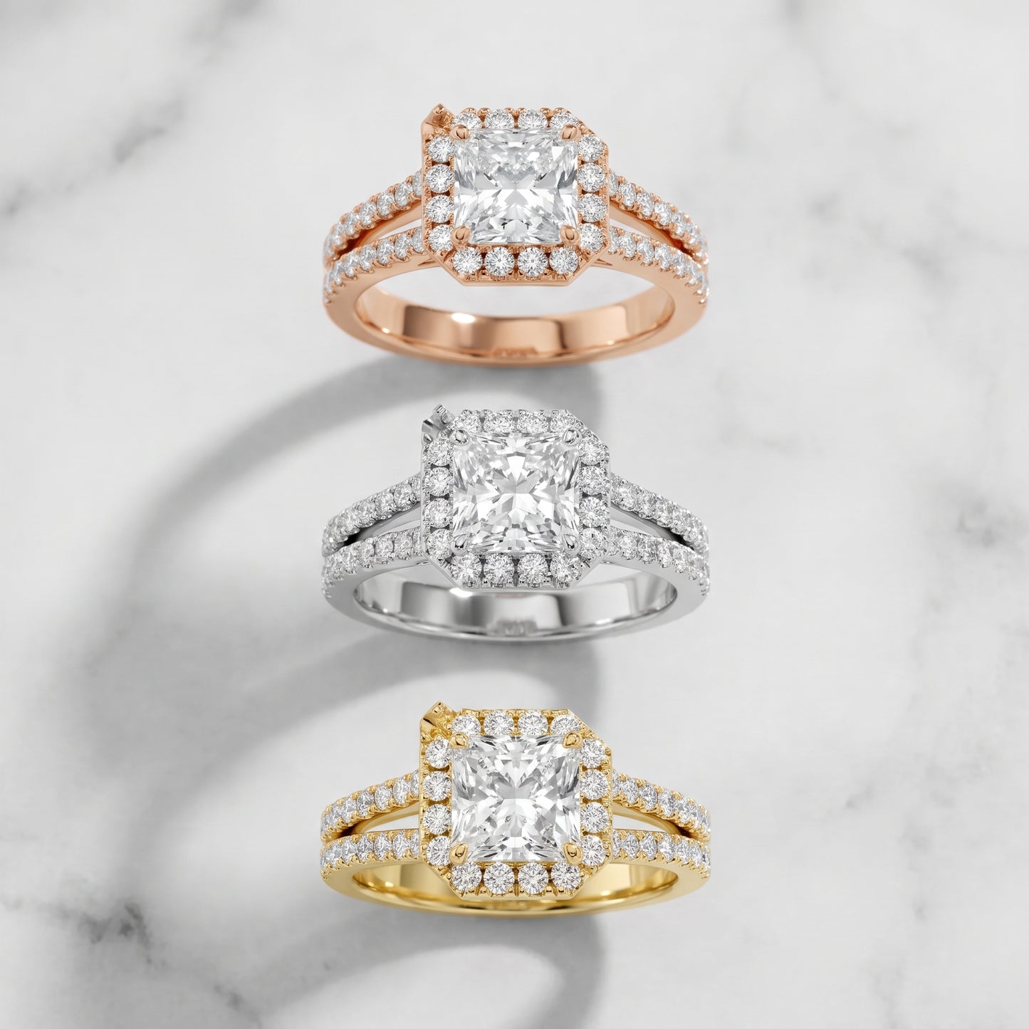 Kira Halo Split Shank Radiant Diamond Engagement Ring in Rose Gold - 3rings.jpg