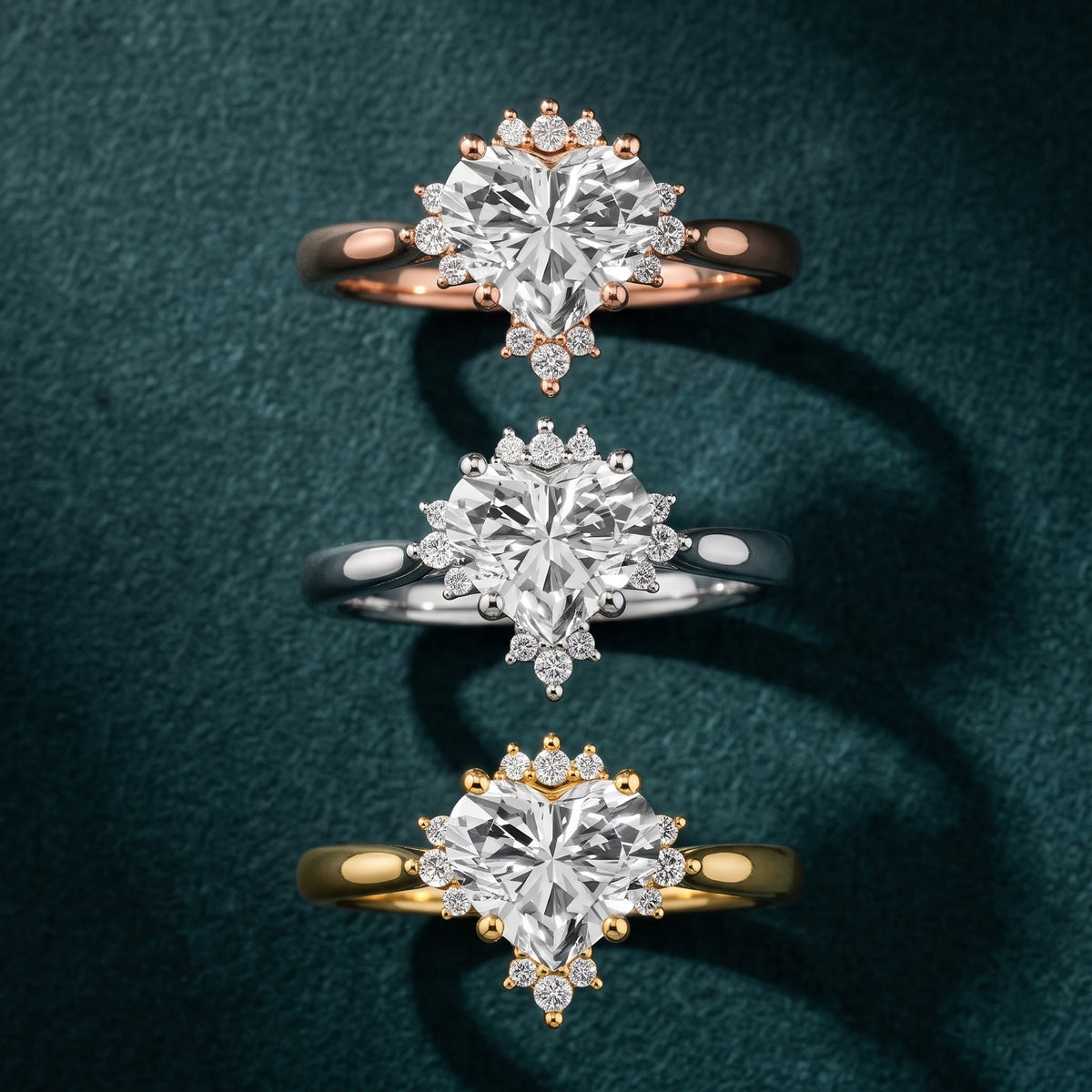Linden Starburst Cluster Heart Diamond Engagement Ring in White Gold - 3rings.jpg