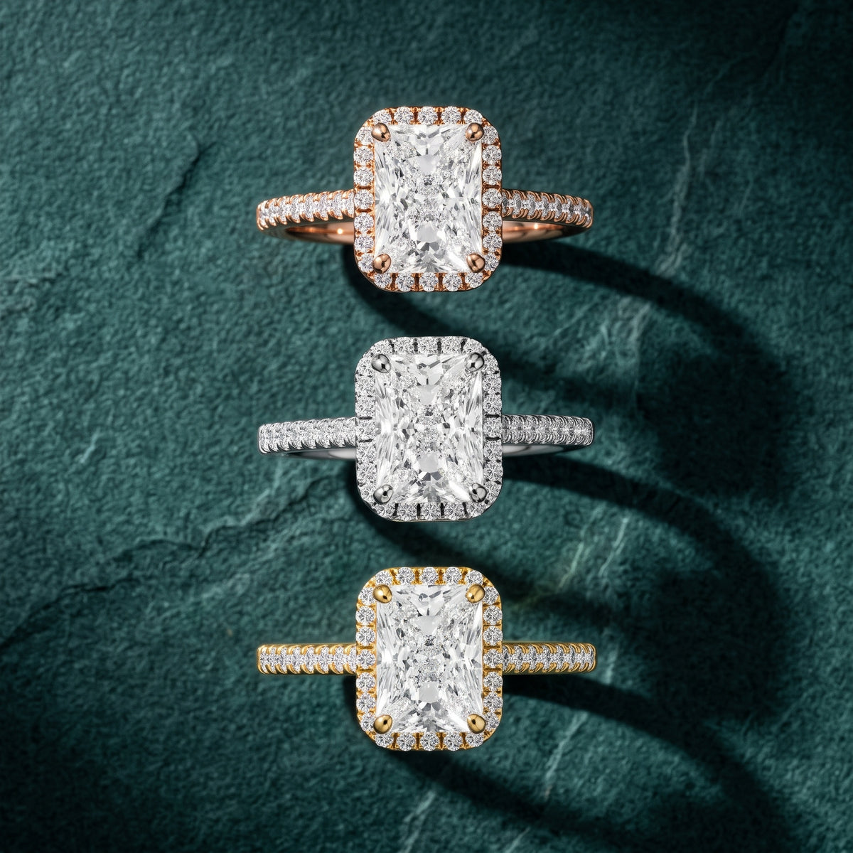 Joy Halo Pavé Radiant Diamond Engagement Ring in Yellow Gold - 3rings.jpg
