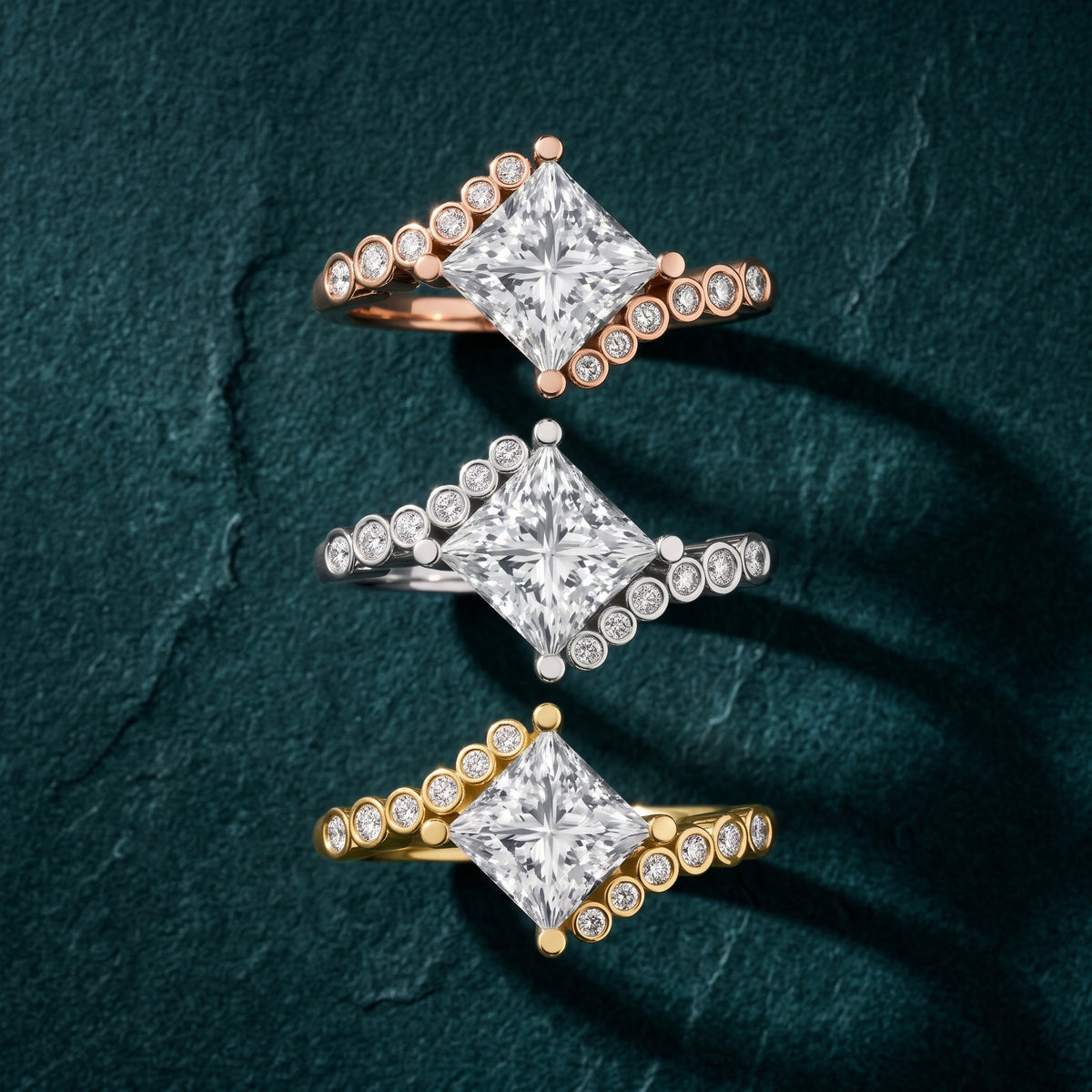 Chatham Bezel Bypass Princess Diamond Engagement Ring in Yellow Gold - 3rings.jpg