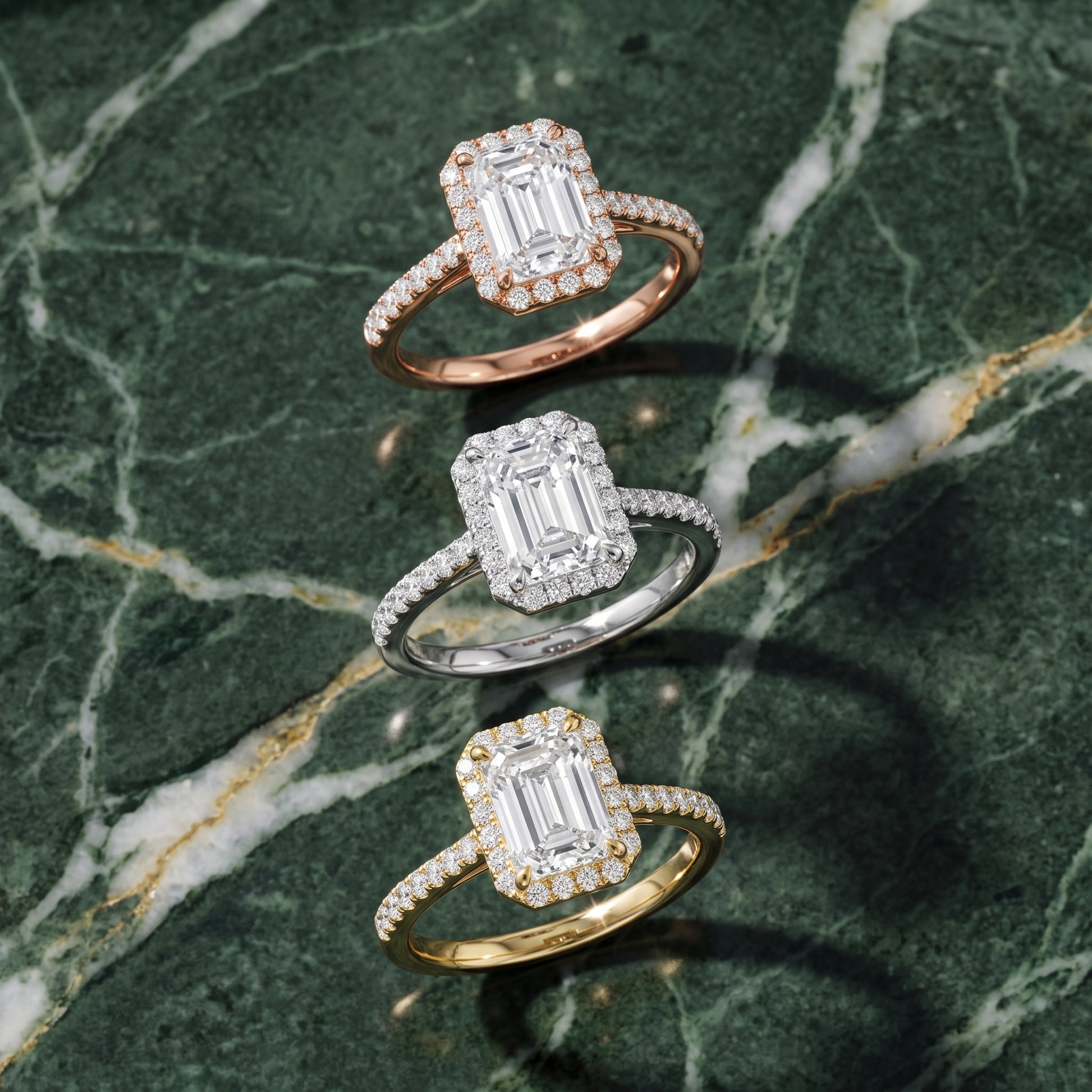 Alma Halo Pavé Emerald Diamond Ring in Rose Gold - 3rings.jpg