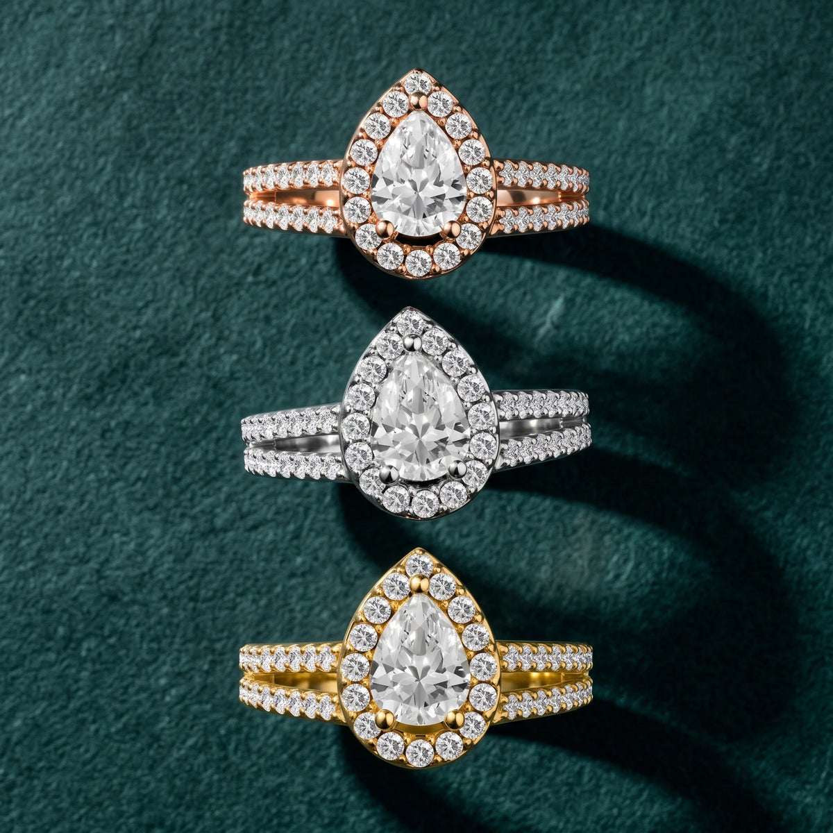 Tampa Halo Split Shank Pear Diamond Engagement Ring in Silver - 3rings.jpg