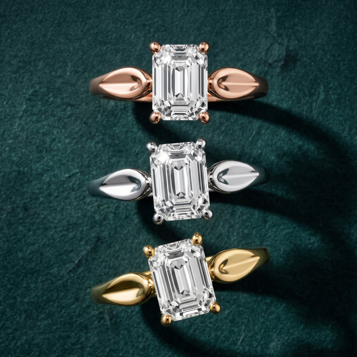 Lauretta Leaf Solitaire Emerald Diamond Engagement Ring in White Gold - 3rings.jpg