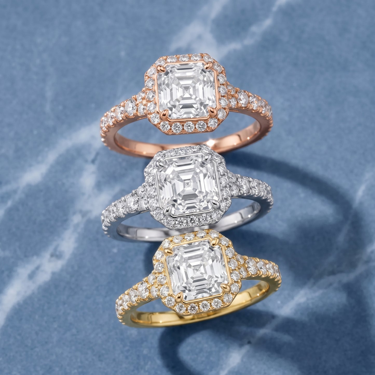 Bella Halo Pavé Asscher Diamond Engagement Ring in White Gold - 3rings.jpg