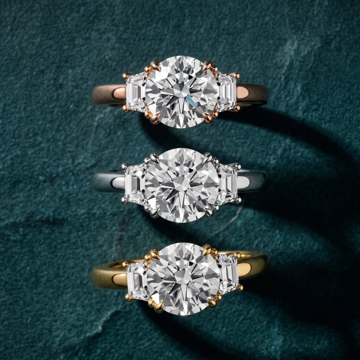 Federica Trapezoid Three-Stone Round Diamond Engagement Ring in Rose Gold - 3rings.jpg
