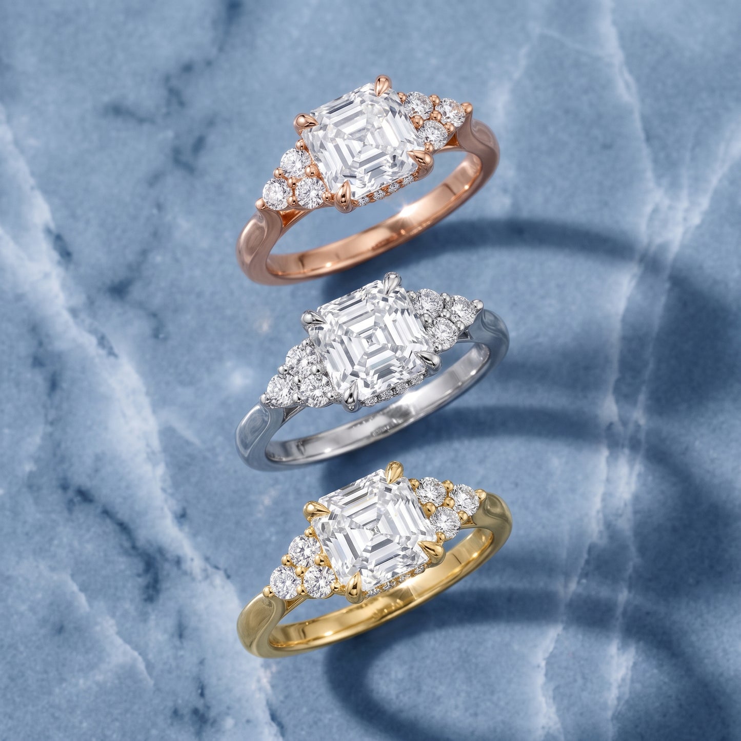 Anya Sidestone Cluster Asscher Diamond Ring in Platinum - 3rings.jpg