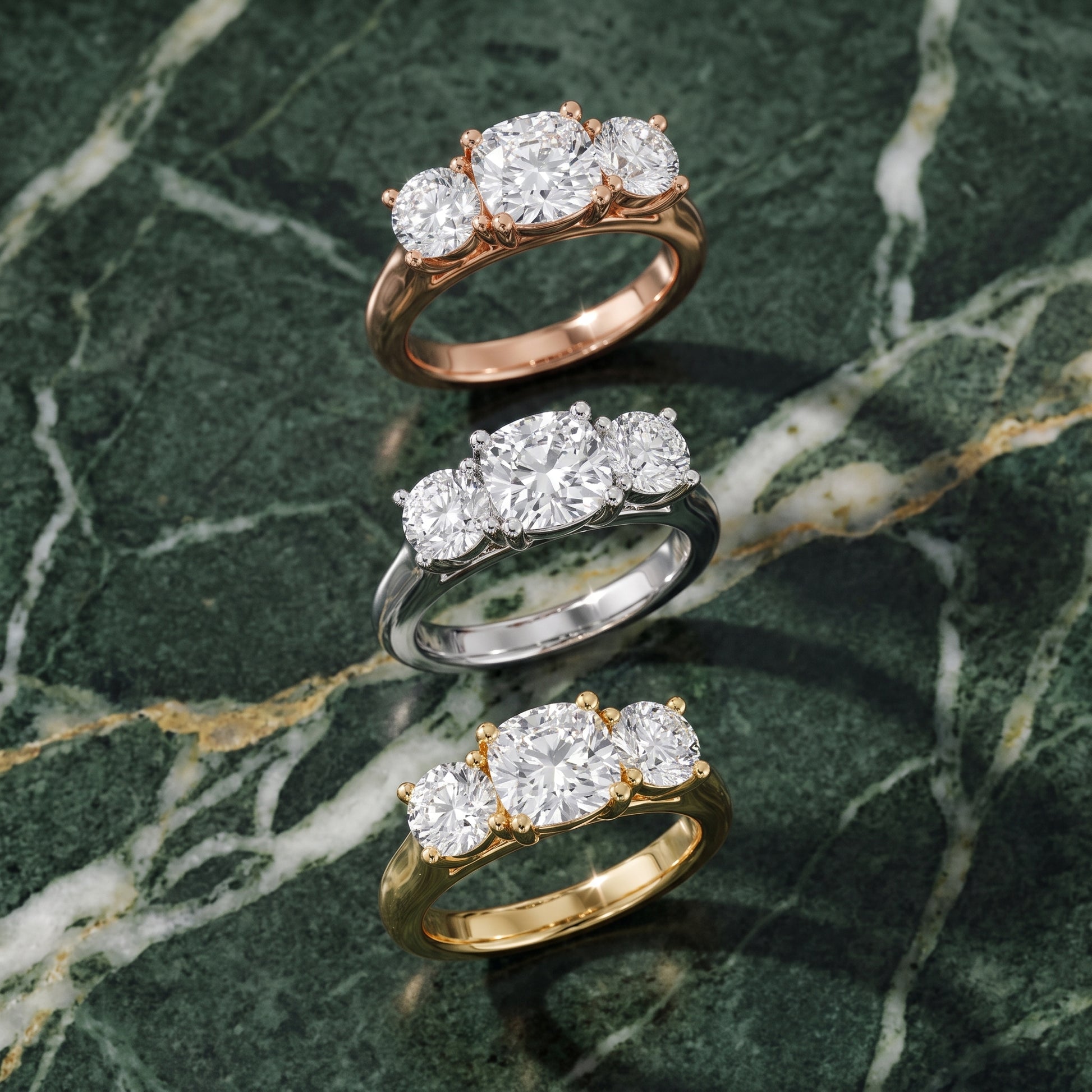 Callie Three-Stone Trellis Cushion Diamond Ring in Yellow Gold - 3rings.jpg