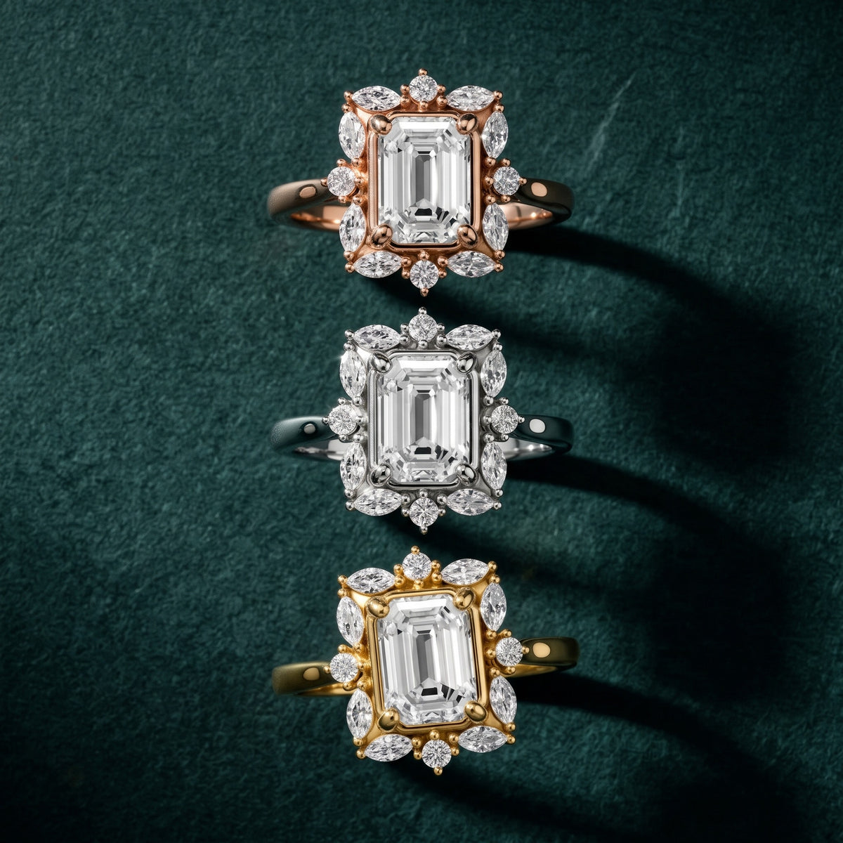 Brynn Starburst Cluster Emerald Diamond Engagement Ring in Rose Gold - 3rings.jpg