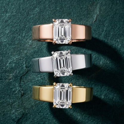 Susannah Wide Band Solitaire Emerald Diamond Engagement Ring in White Gold - 3rings.jpg