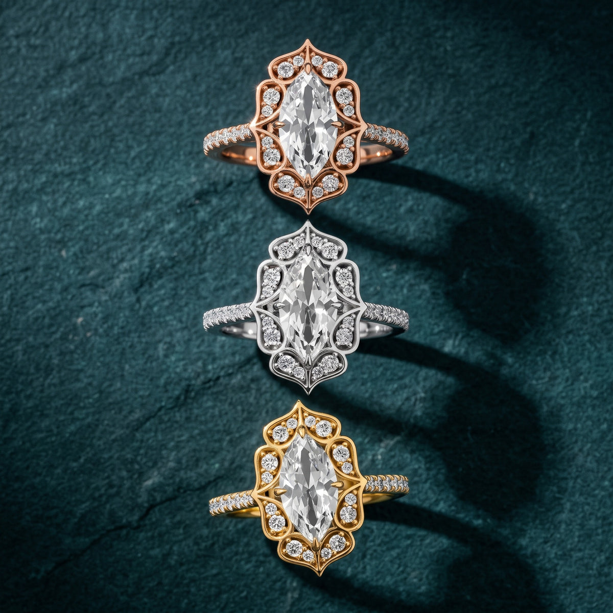 Caitlin Floral Halo Marquise Diamond Engagement Ring in Rose Gold - 3rings.jpg