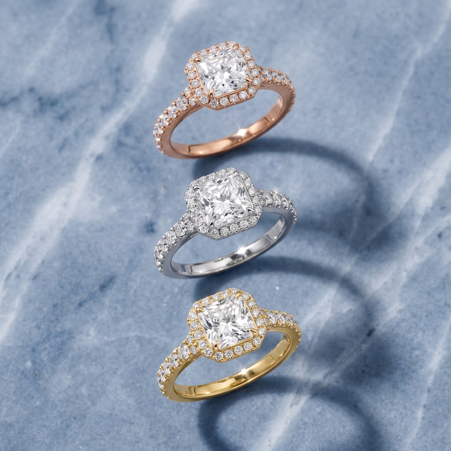 Bella Halo Pavé Radiant Diamond Engagement Ring in Platinum - 3rings.jpg