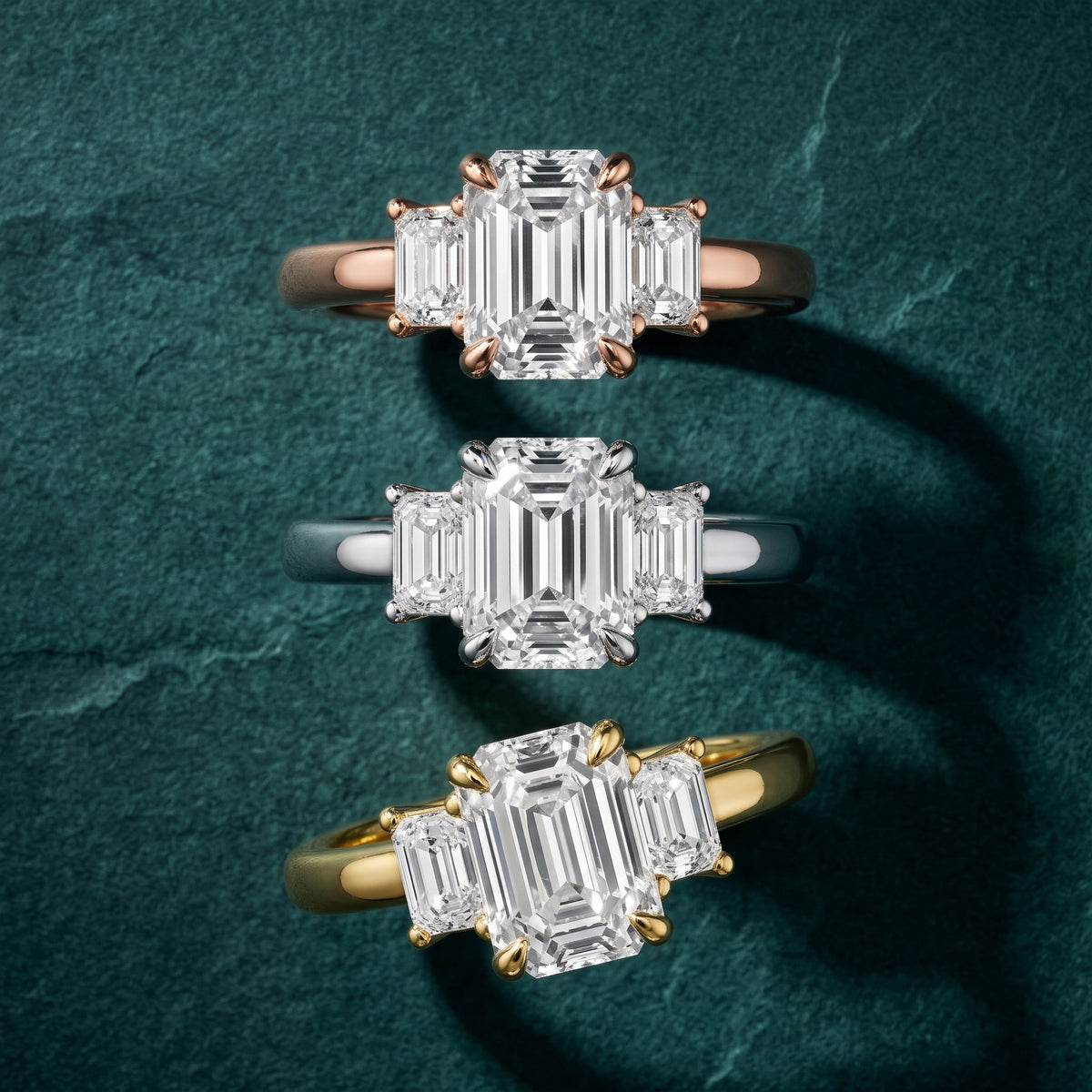 Babette Deco Three-Stone Emerald Diamond Engagement Ring in Rose Gold - 3rings.jpg
