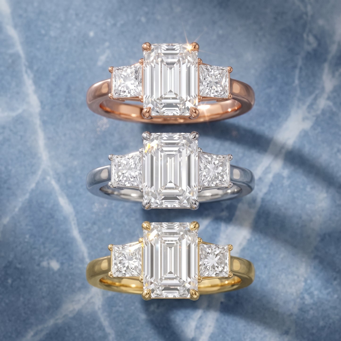 Selena Three-Stone Basket Emerald Diamond Ring in Yellow Gold - 3rings.jpg
