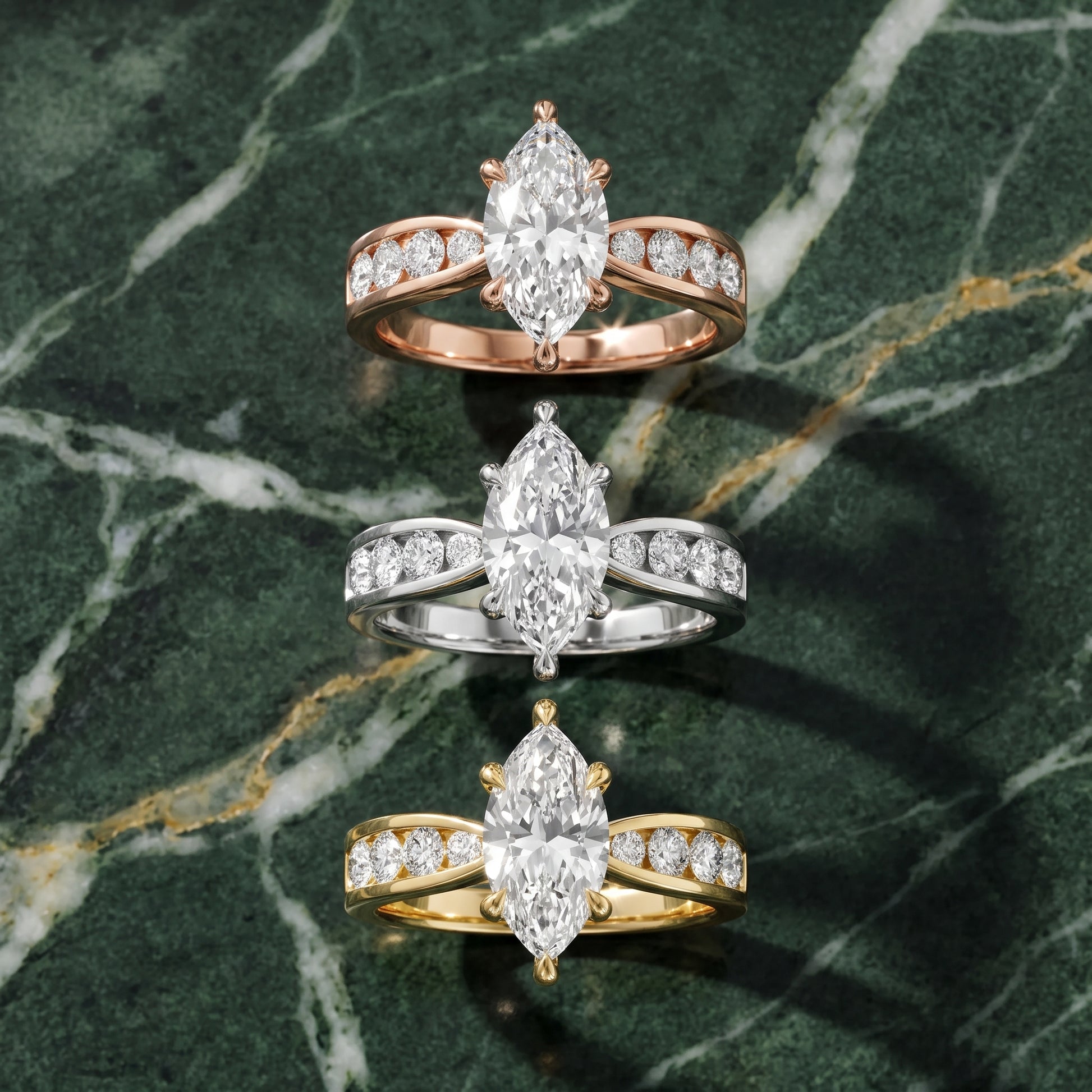 Noor Channel Set Sidestone Marquise Diamond Engagement Ring in Rose Gold - 3rings.jpg
