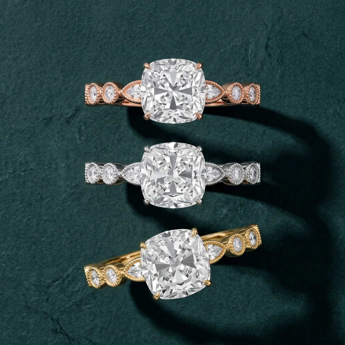 Lena Milgrain Leaf Cushion Diamond Engagement Ring in Yellow Gold - 3rings.jpg
