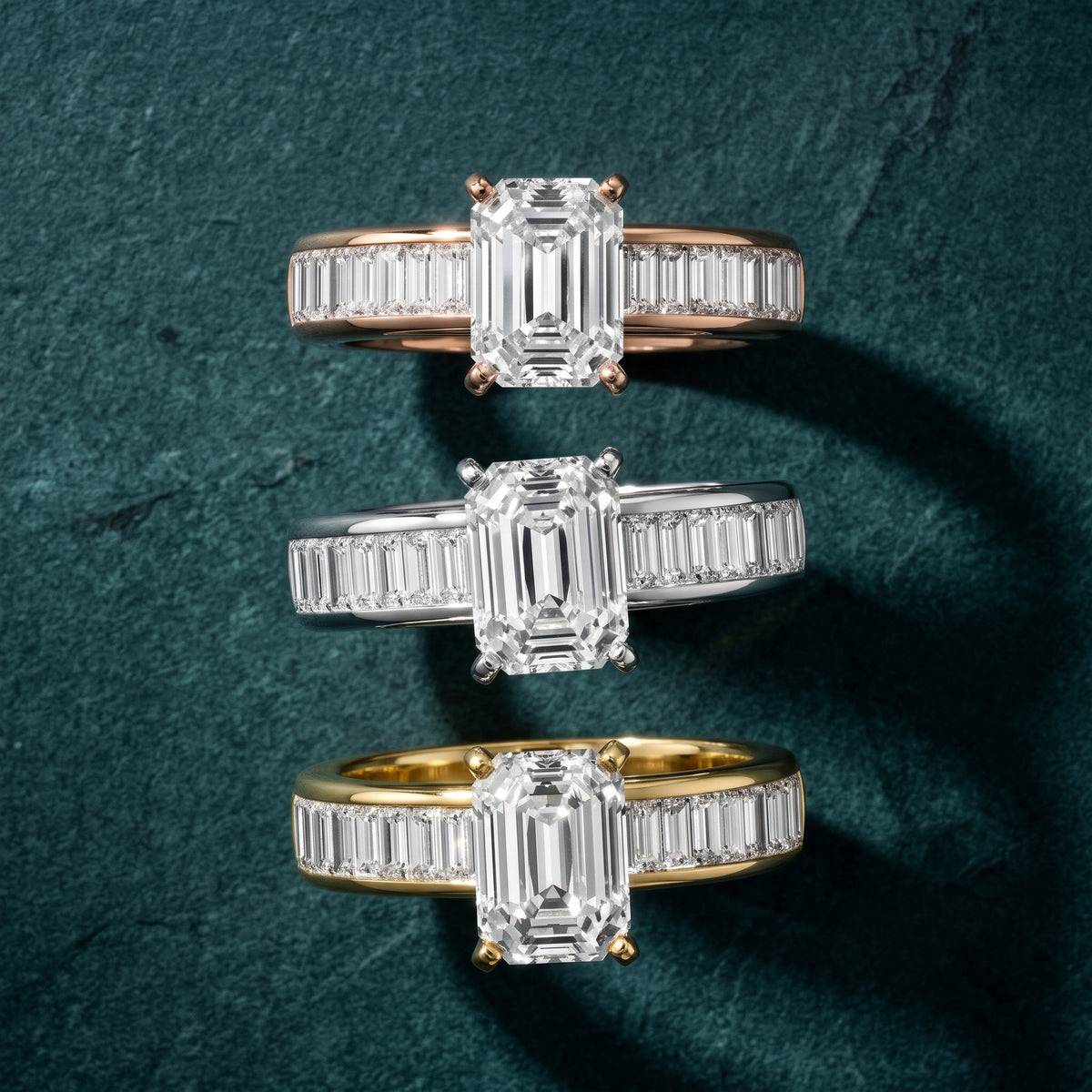 Malibu Wide Band Baguette Emerald Diamond Engagement Ring in Rose Gold - 3rings.jpg