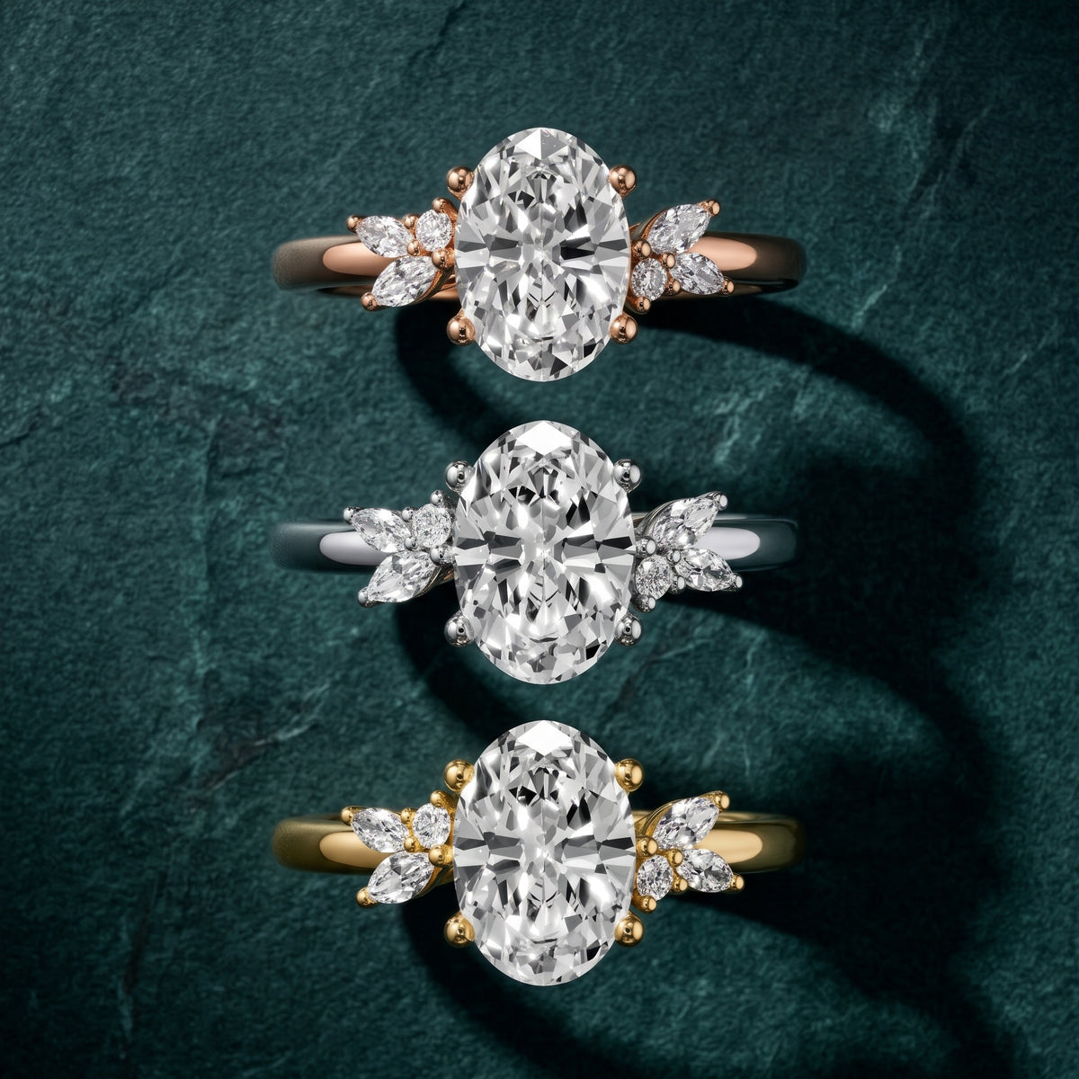 Avon Leaf Cluster Oval Diamond Engagement Ring in Silver - 3rings.jpg