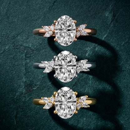 Avon Leaf Cluster Oval Diamond Engagement Ring in Silver - 3rings.jpg