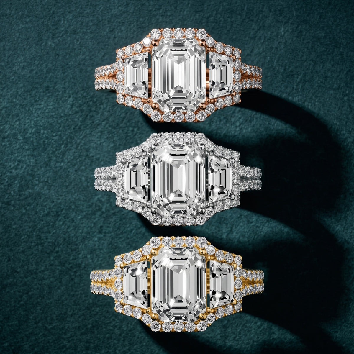 Oakley Three-Stone Split Shank Emerald Diamond Engagement Ring in Yellow Gold - 3rings.jpg