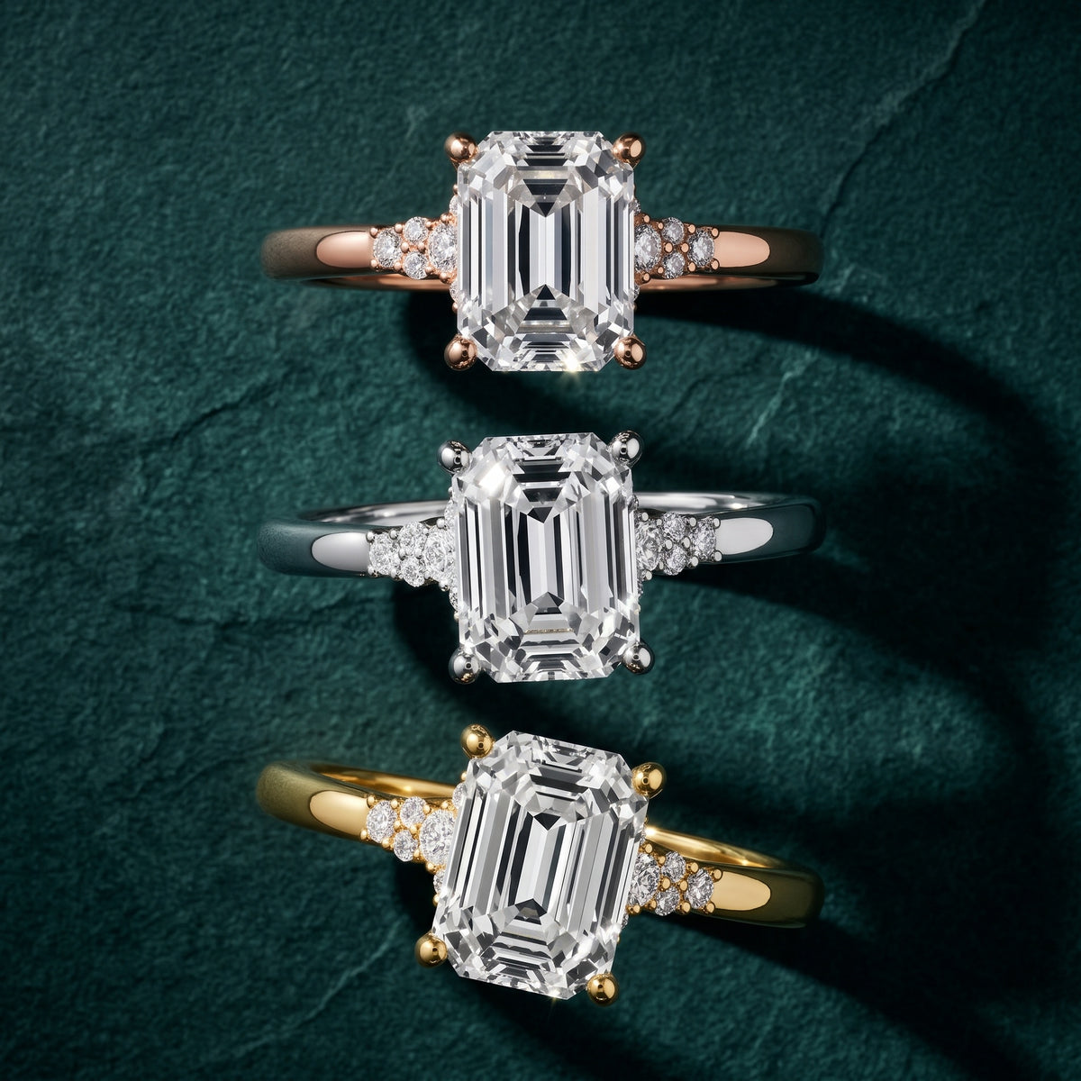 Vail Starburst Cluster Emerald Diamond Engagement Ring in Rose Gold - 3rings.jpg