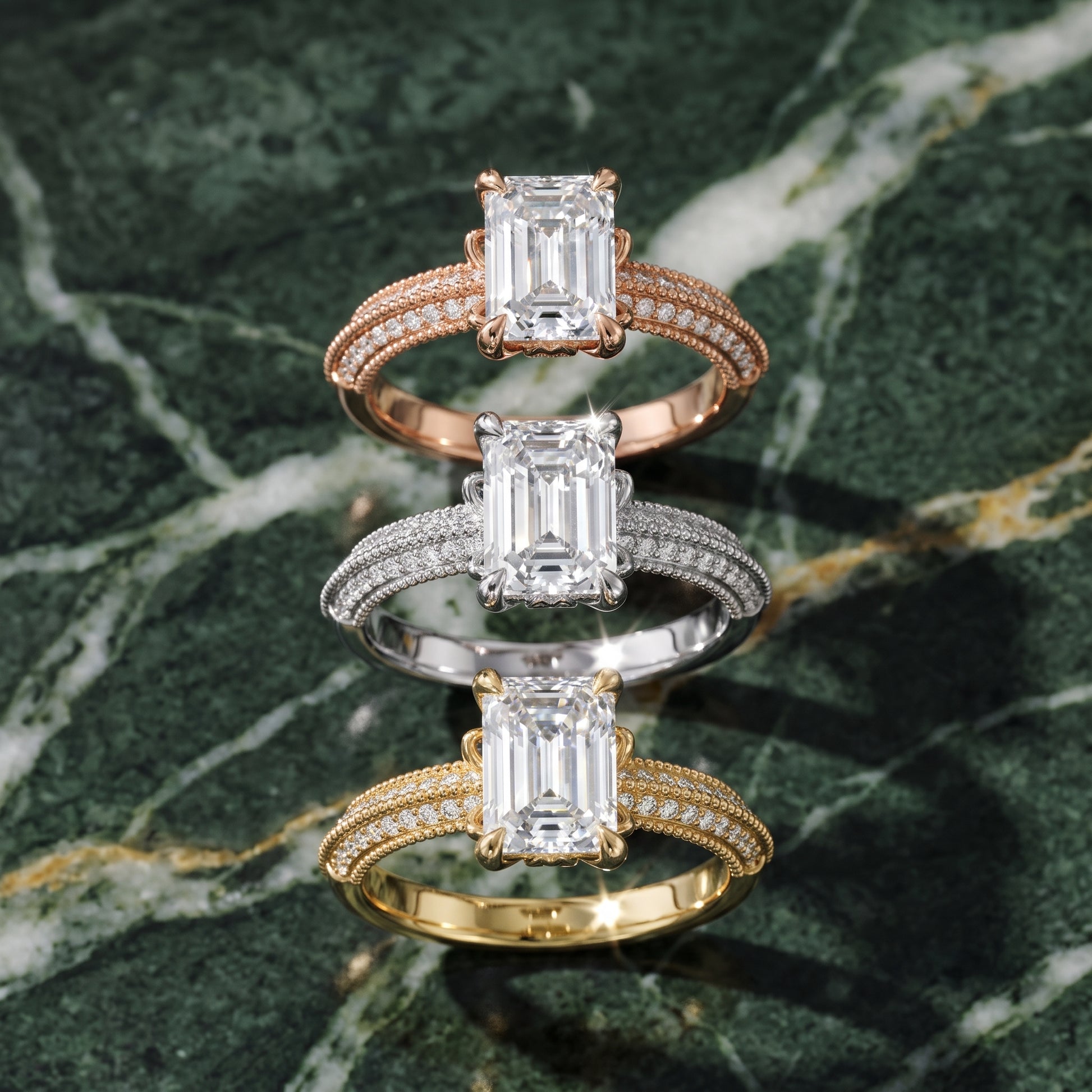 Indie Vintage Milgrain Emerald Diamond Engagement Ring in Yellow Gold - 3rings.jpg