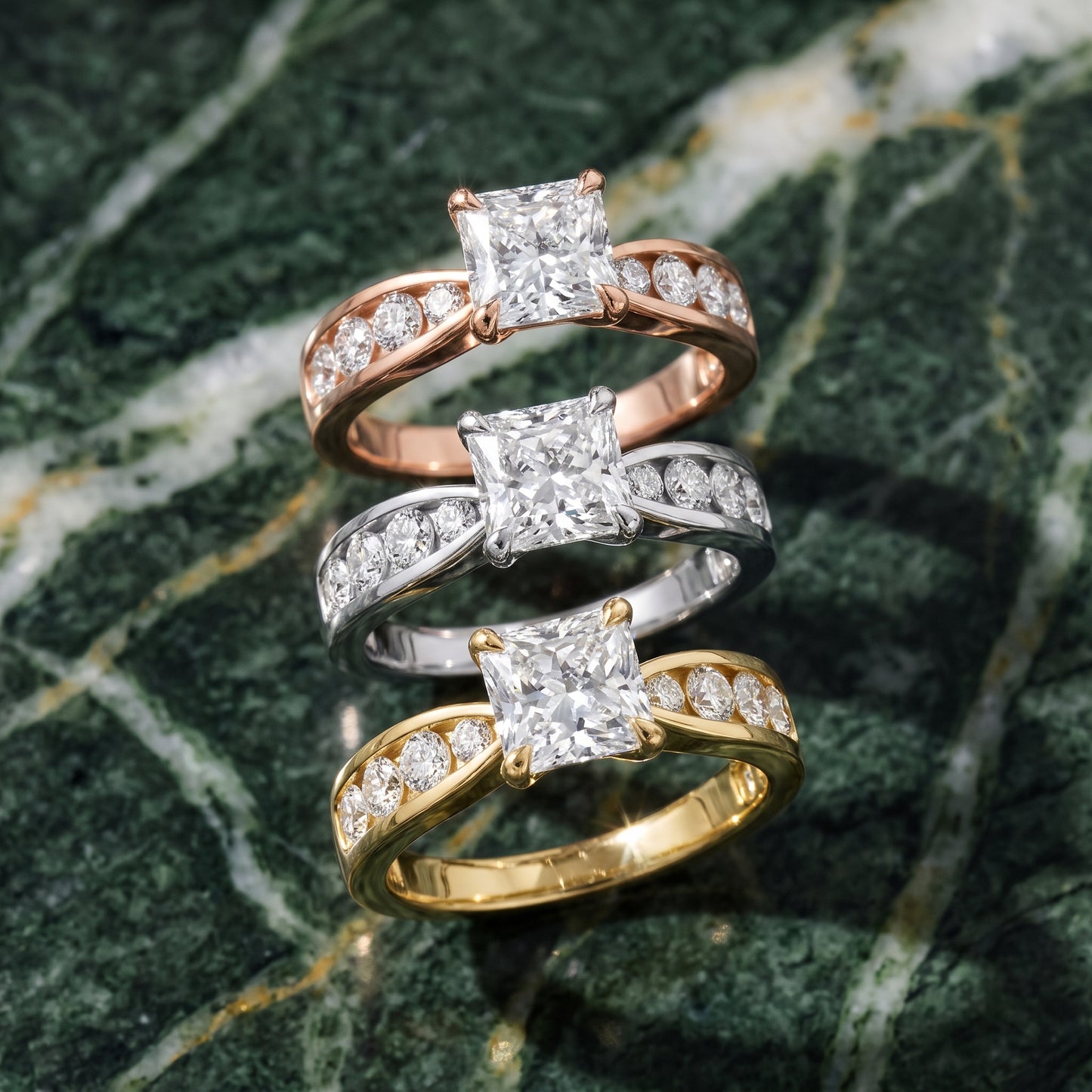 Noor Channel Set Sidestone Radiant Diamond Engagement Ring in Rose Gold - 3rings.jpg