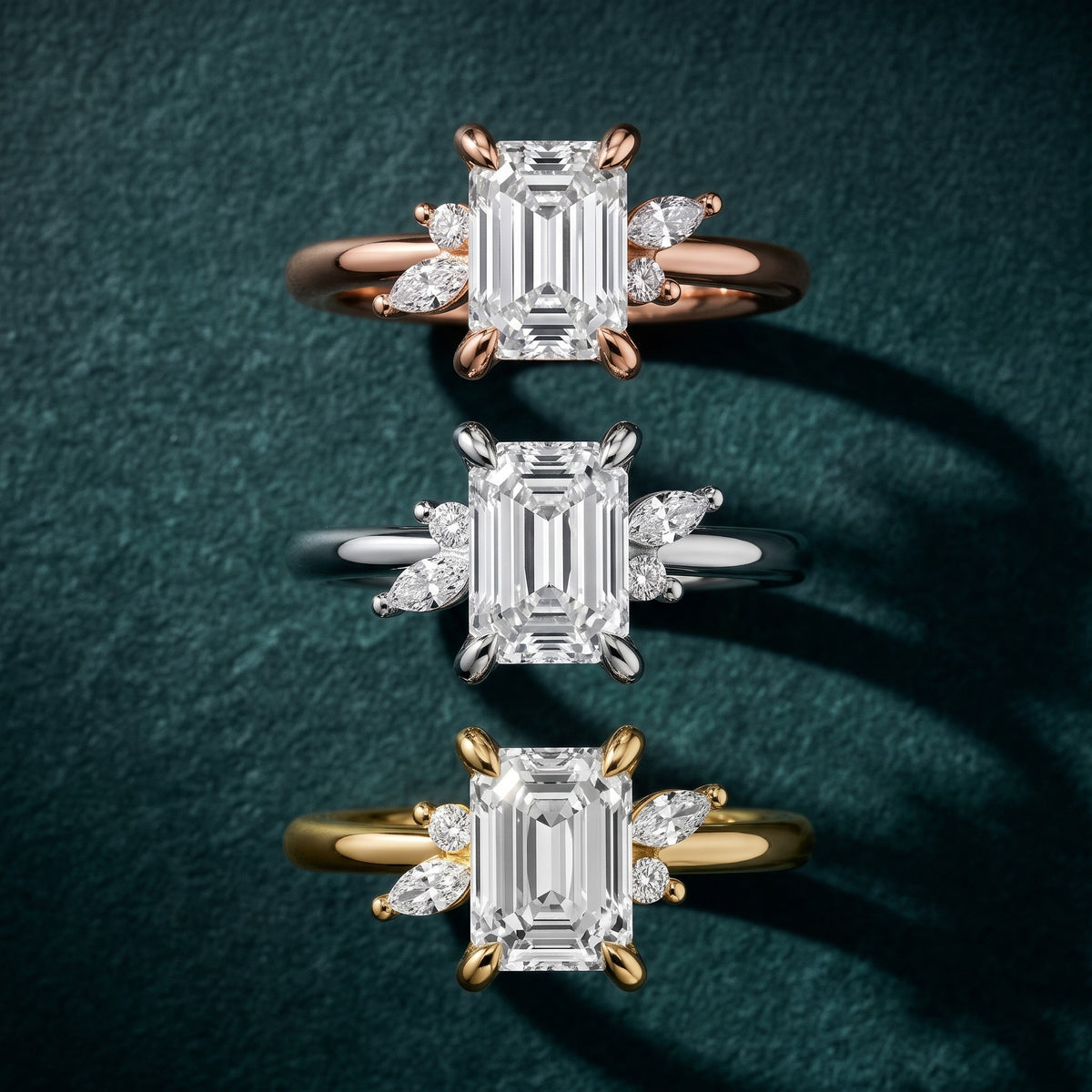 Billie Leaf Cluster Emerald Diamond Engagement Ring in Silver - 3rings.jpg