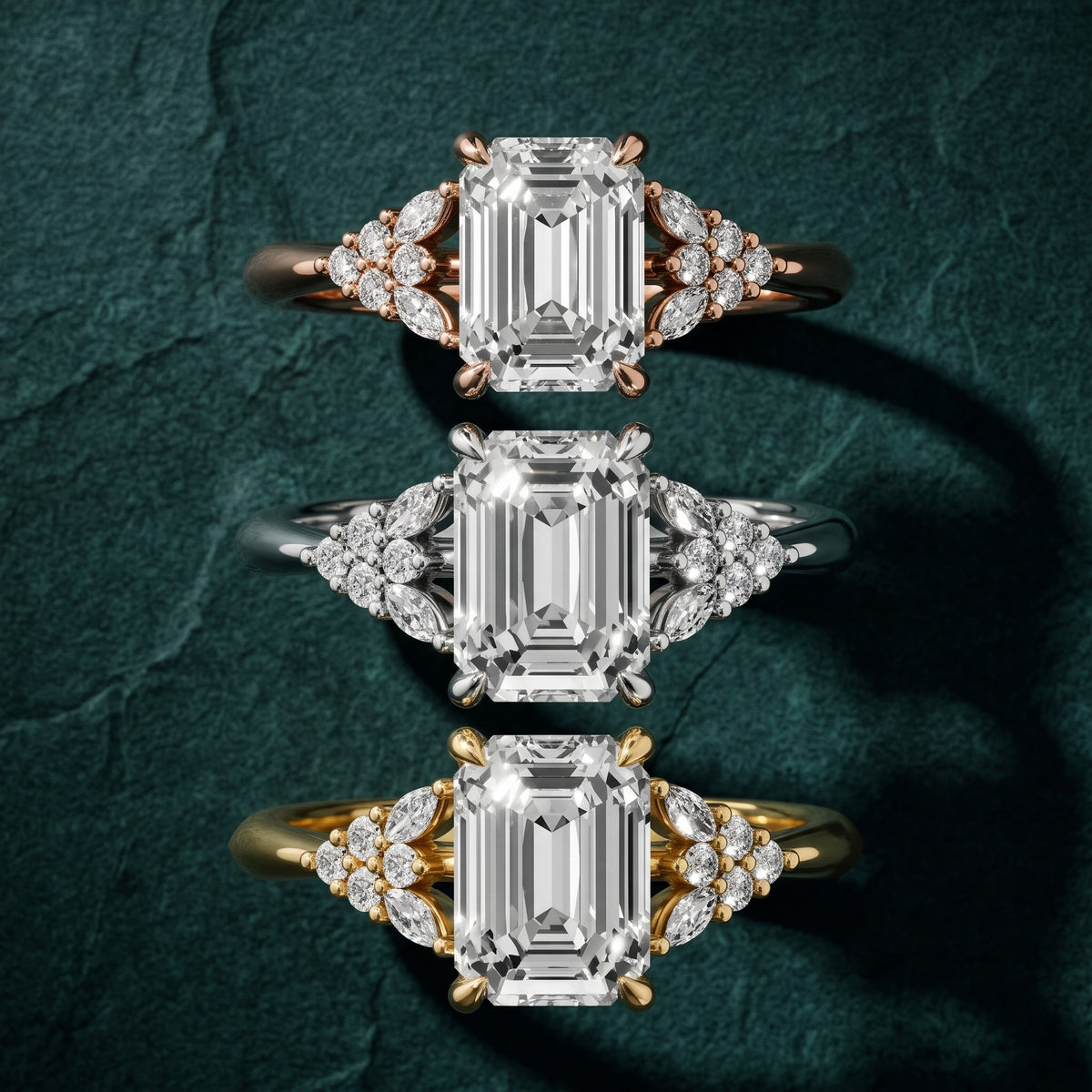 Fern Knife Edge Cluster Emerald Diamond Engagement Ring in Platinum - 3rings.jpg