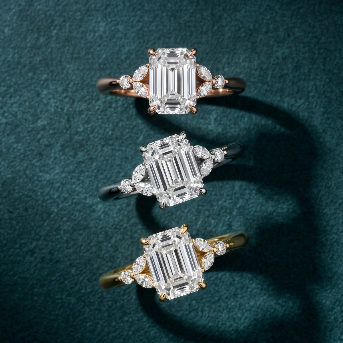 Eve Leaf Cluster Emerald Diamond Engagement Ring in Rose Gold - 3rings.jpg