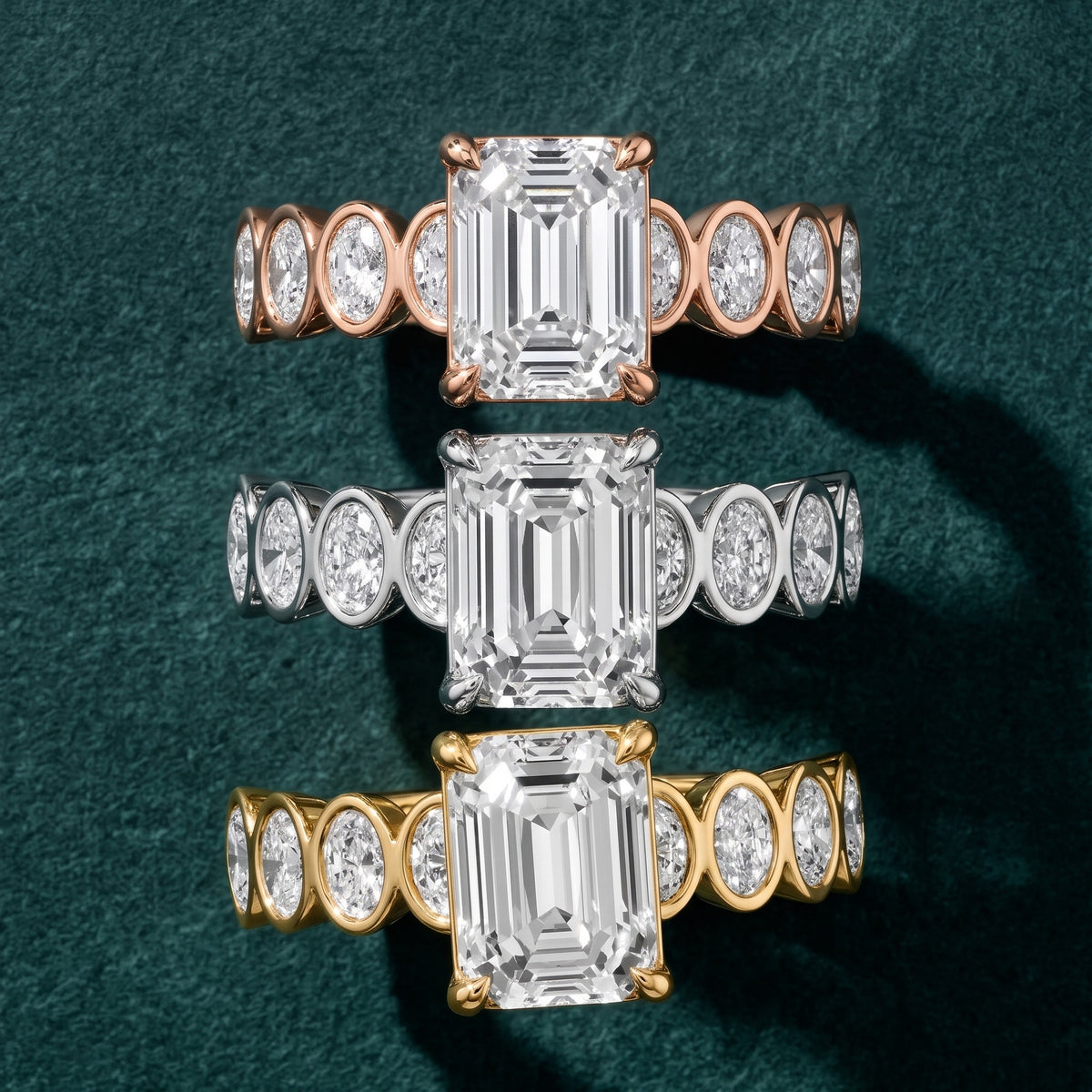 Vittoria Graduated Bezel Emerald Diamond Engagement Ring in Silver - 3rings.jpg