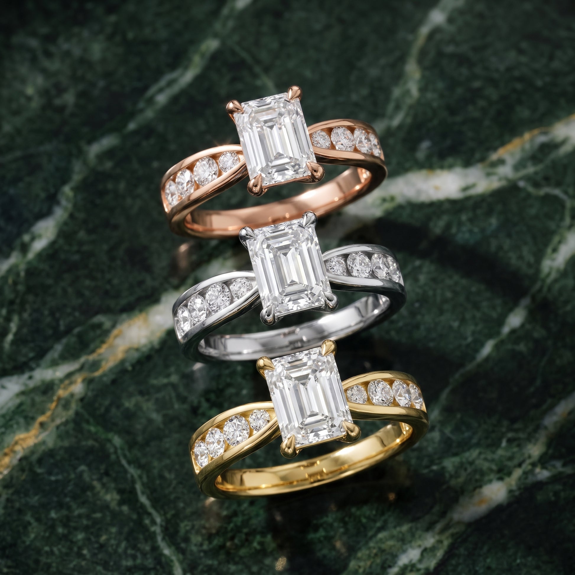 Noor Channel Set Sidestone Emerald Diamond Engagement Ring in Silver - 3rings.jpg