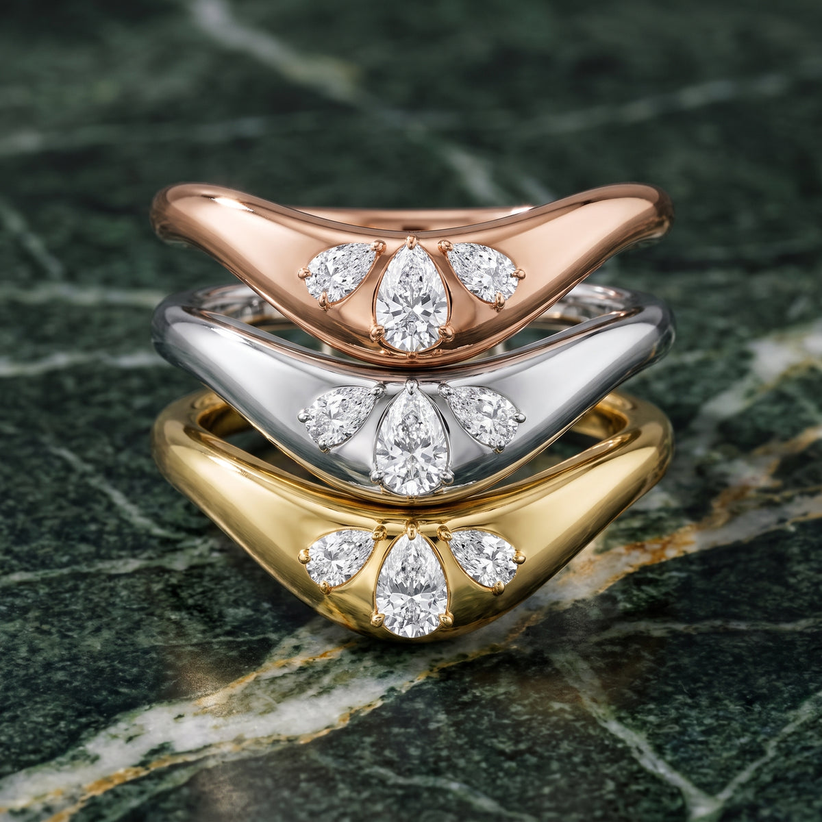 Beatrice Curved Contour Pear Diamond Wedding Band in Yellow Gold - 3rings.jpg
