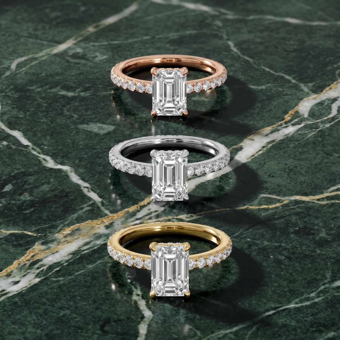 Thea Hidden Halo Pavé Emerald Diamond Engagement Ring in Rose Gold - 3rings.jpg