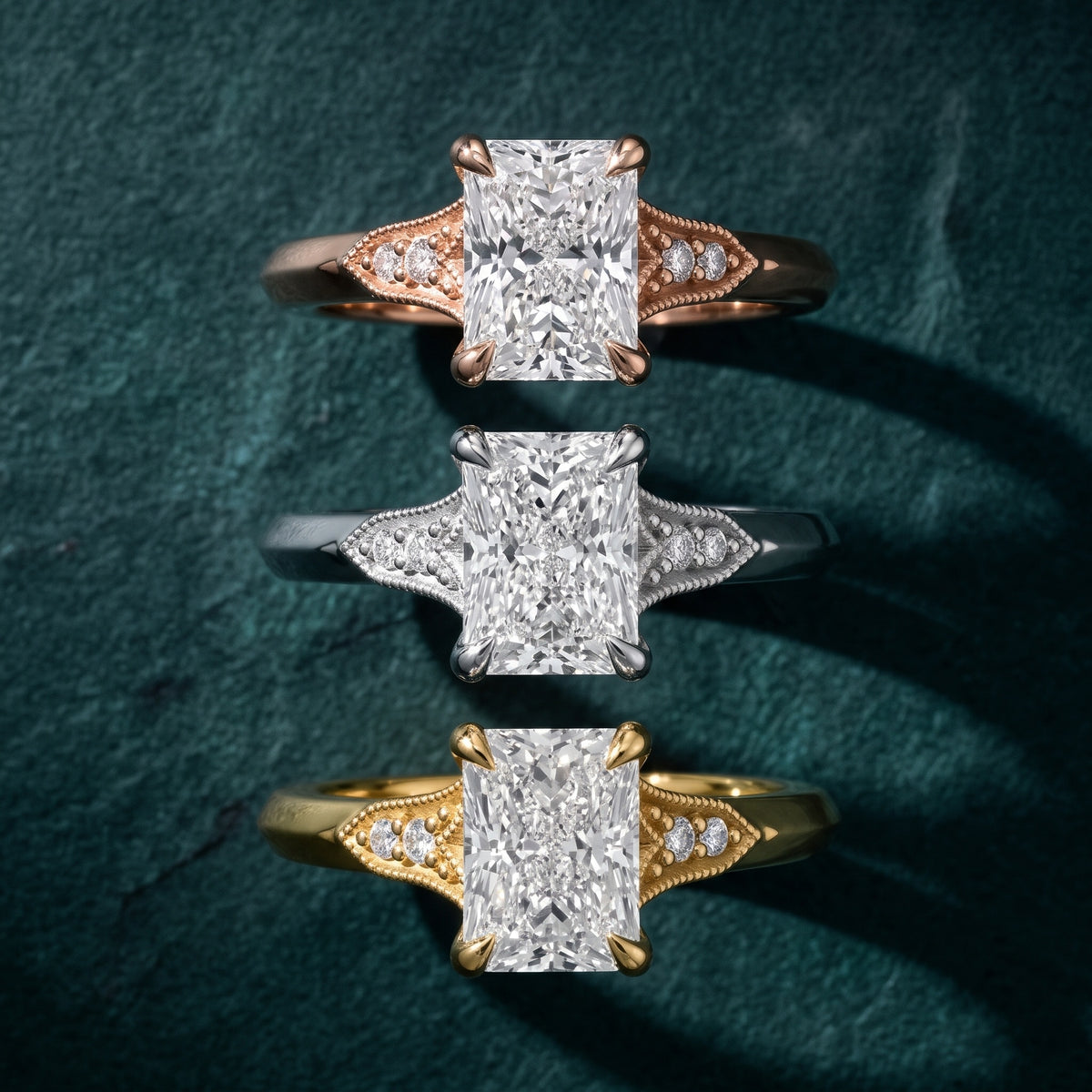 Paisley Milgrain Pavé Radiant Diamond Engagement Ring in Yellow Gold - 3rings.jpg