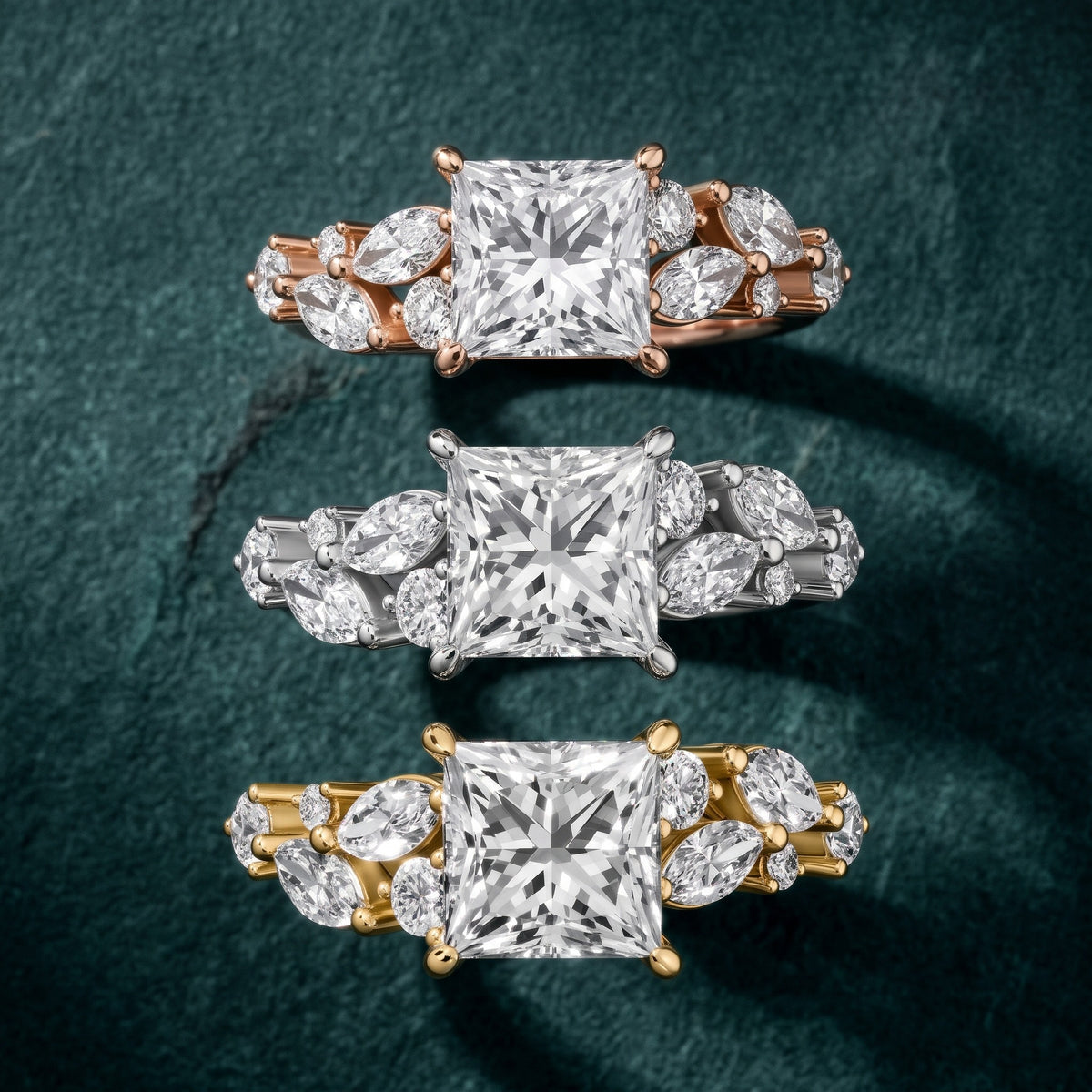 Kelsey Leaf Cluster Princess Diamond Engagement Ring in Yellow Gold - 3rings.jpg